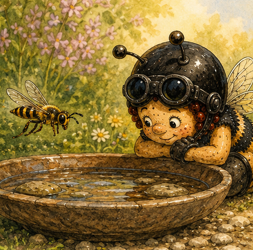 Biene Loira an Insektentränke im Naturgarten